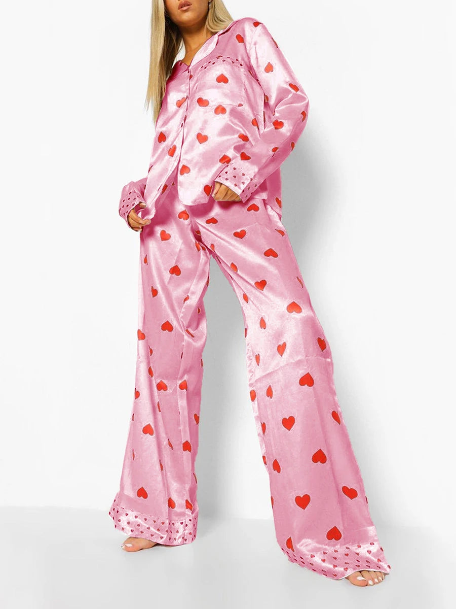 Pajamas Set - Valentine's Satin Heart Pajama Set for Romantic Evenings