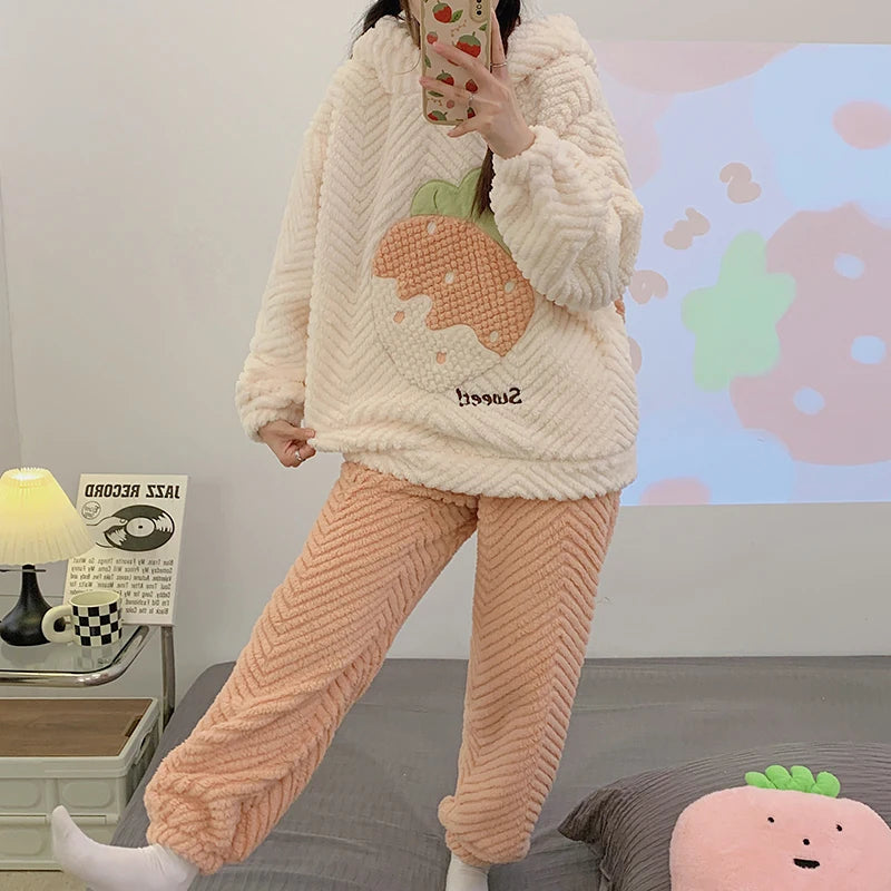 Pajamas Set - Winter Nights Strawberry Plush Pajamas Fleece Sleepwear Set