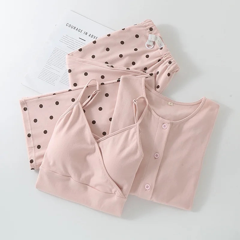 Pajamas Set - Women’s 3-Piece Cotton Pajama Set with Polka Dot Pants