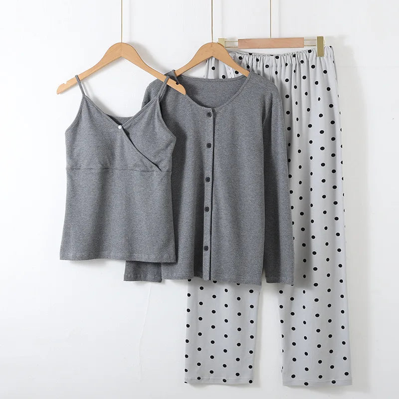 Pajamas Set - Women’s 3-Piece Cotton Pajama Set with Polka Dot Pants