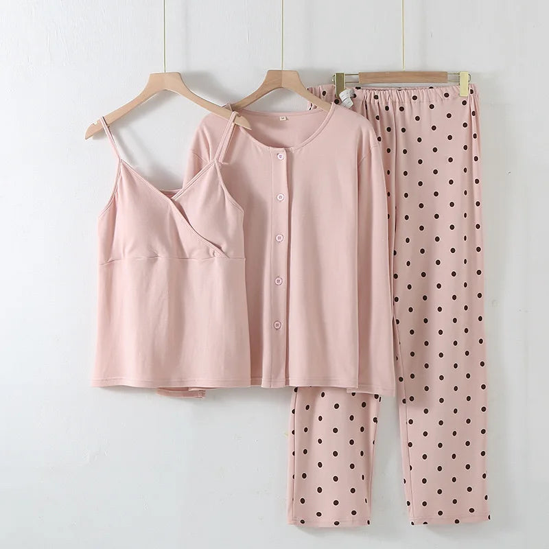 Pajamas Set - Women’s 3-Piece Cotton Pajama Set with Polka Dot Pants