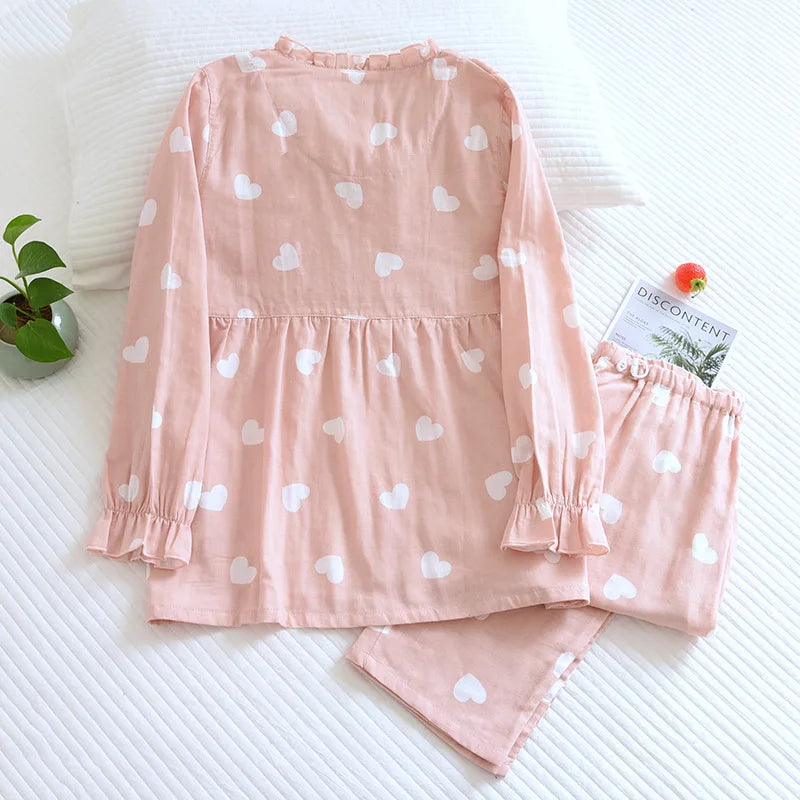 Pajamas Set - Women's Cotton Pajamas Set with Heart Print Shirt and Pants