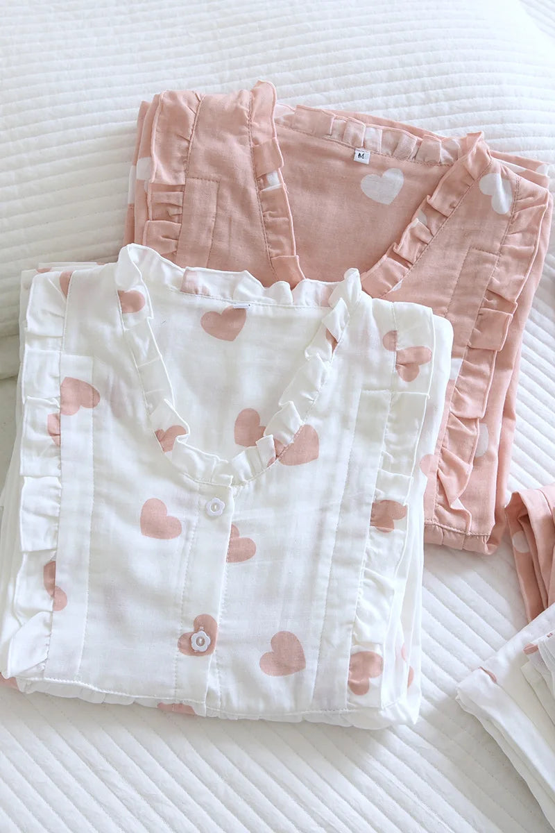 Pajamas Set - Women's Cotton Pajamas Set with Heart Print Shirt and Pants