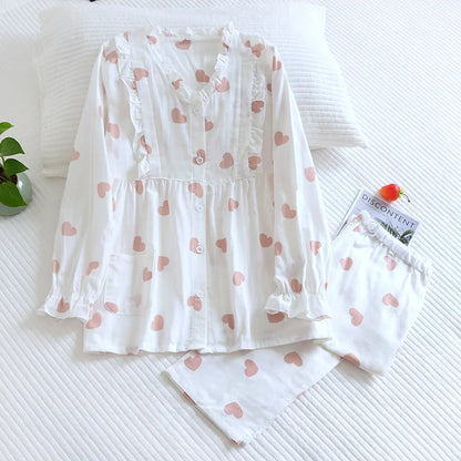 Pajamas Set - Women's Cotton Pajamas Set with Heart Print Shirt and Pants