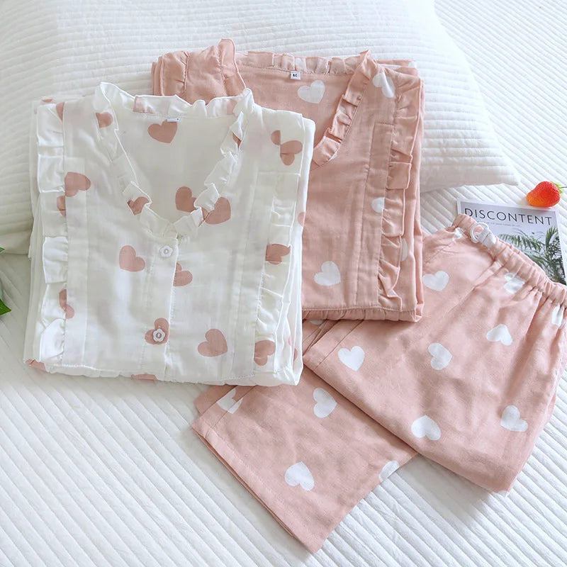 Pajamas Set - Women's Cotton Pajamas Set with Heart Print Shirt and Pants