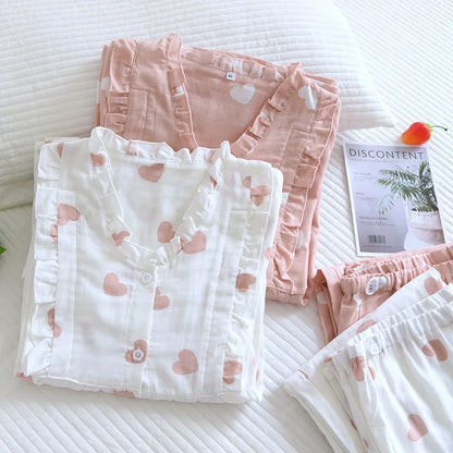 Pajamas Set - Women's Cotton Pajamas Set with Heart Print Shirt and Pants