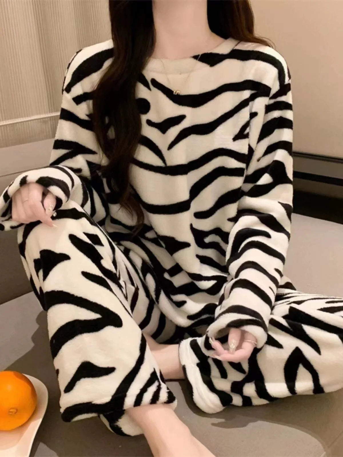 Pajamas Set - Zebra Print Cozy Fleece Pajama Set Winter Plush Sleepwear