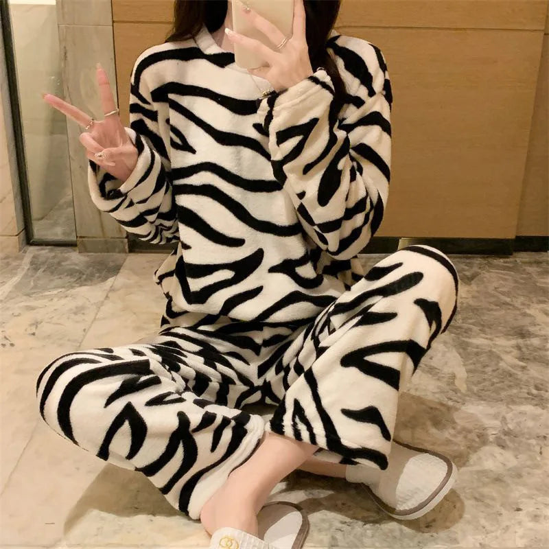 Pajamas Set - Zebra Print Cozy Fleece Pajama Set Winter Plush Sleepwear