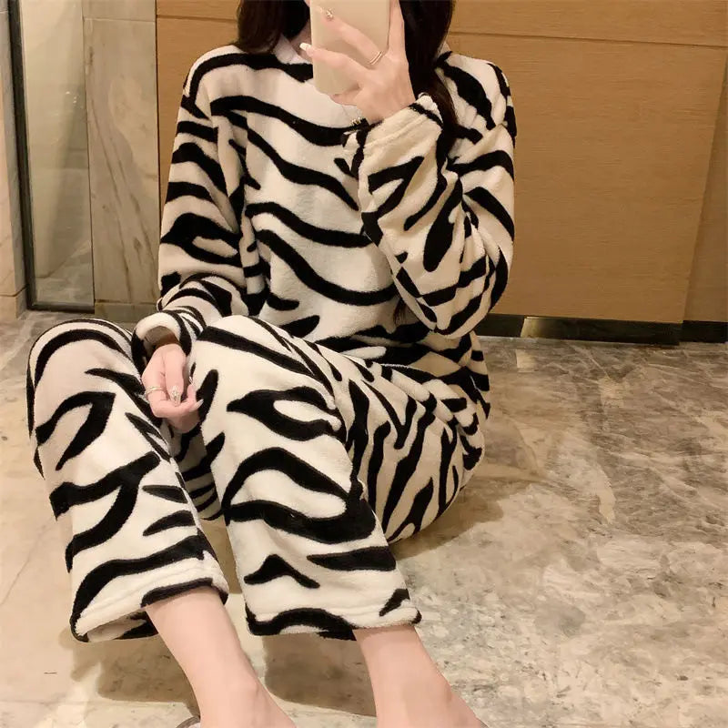 Pajamas Set - Zebra Print Cozy Fleece Pajama Set Winter Plush Sleepwear