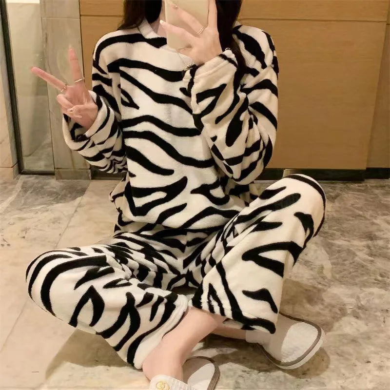 Pajamas Set - Zebra Print Cozy Fleece Pajama Set Winter Plush Sleepwear