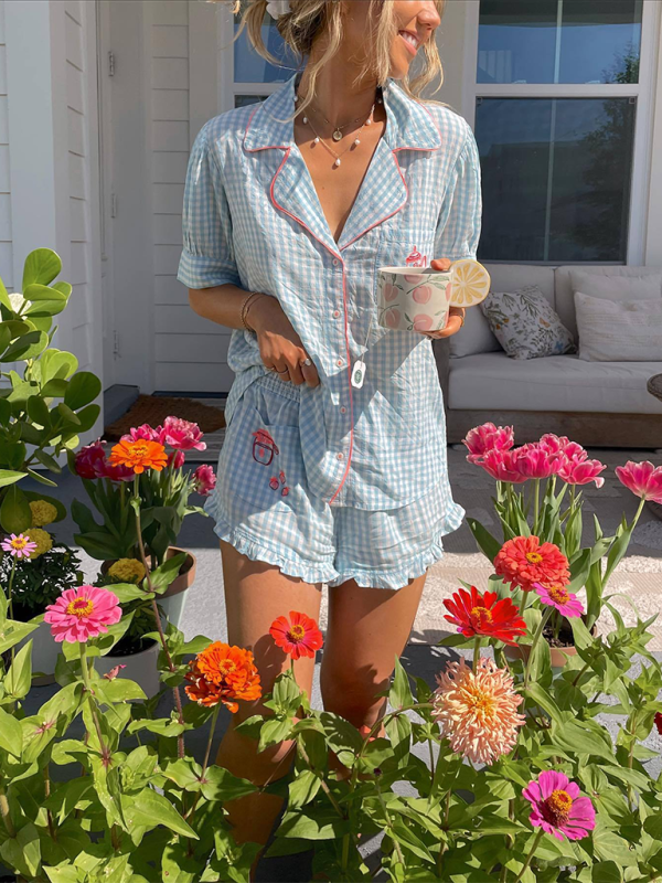 Pajamas - Tea-Timed Embroidery Pajama Set Gingham Loungewear