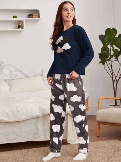 Pajamas - Velvet Fleece Pajamas Loungewear 2 Piece Set Thermal Nightwear