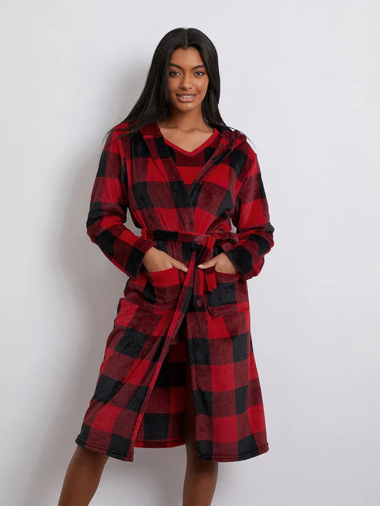 Pajamas- Women 3-Piece Buffalo Plaid Lounge Pajama Set with Robe- - Chuzko Women Clothing