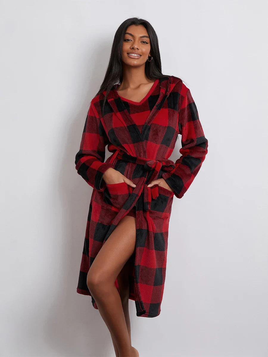 Pajamas- Women 3-Piece Buffalo Plaid Lounge Pajama Set with Robe- - Chuzko Women Clothing