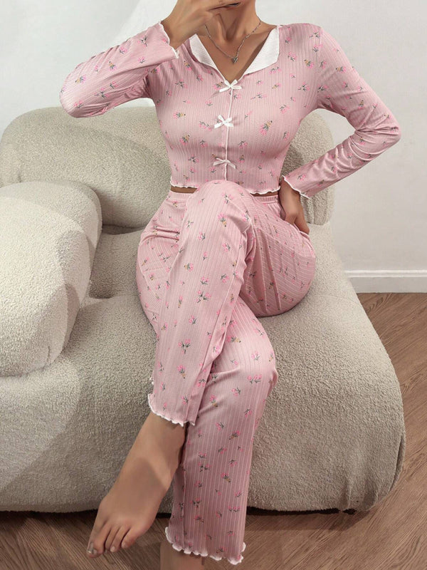 Pajamas - Women Floral Pajama Set with Contrast Piping - Loungewear