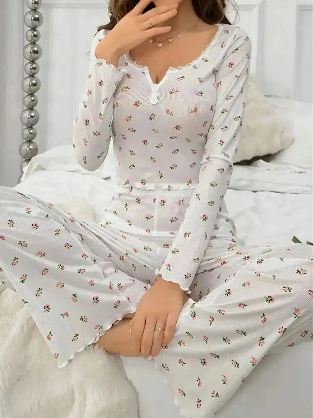 Pajamas- Women Loungewear Floral 2-Piece Set Pajamas- Beige- Pekosa Women Fashion