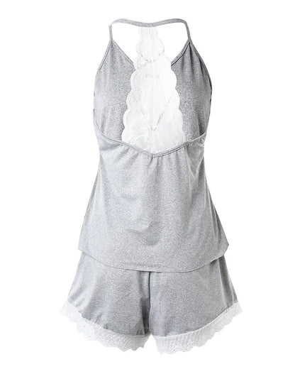 Pyjama-Set mit Spitzenbesatz für Damen, Camisole und Shorts