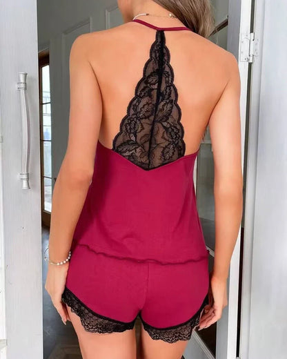 Pyjama-Set mit Spitzenbesatz für Damen, Camisole und Shorts