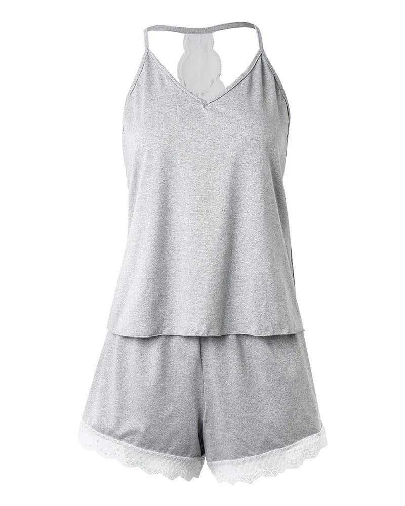 Pyjama-Set mit Spitzenbesatz für Damen, Camisole und Shorts