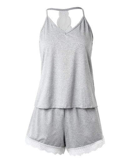 Pyjama-Set mit Spitzenbesatz für Damen, Camisole und Shorts