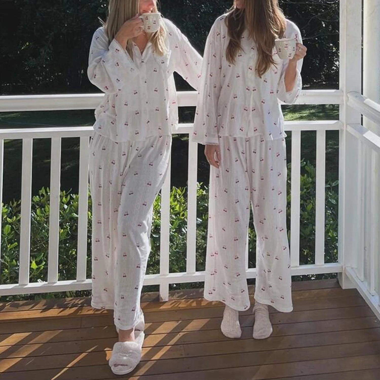 Pajamas - Women's Cherry Print Long Sleeve Pajamas Shirt and Pants Sleepwear