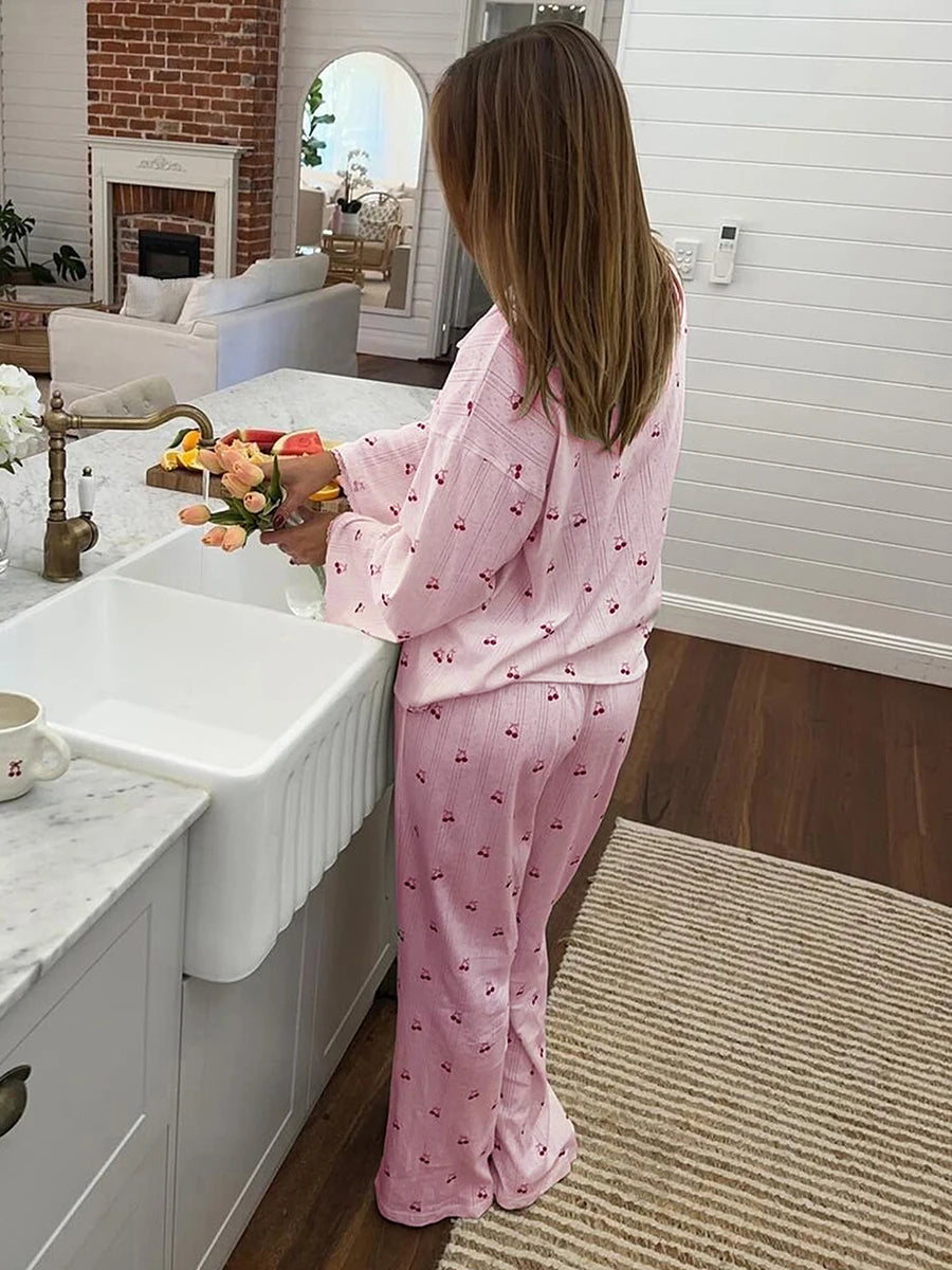 Pajamas - Women's Cherry Print Long Sleeve Pajamas Shirt and Pants Sleepwear