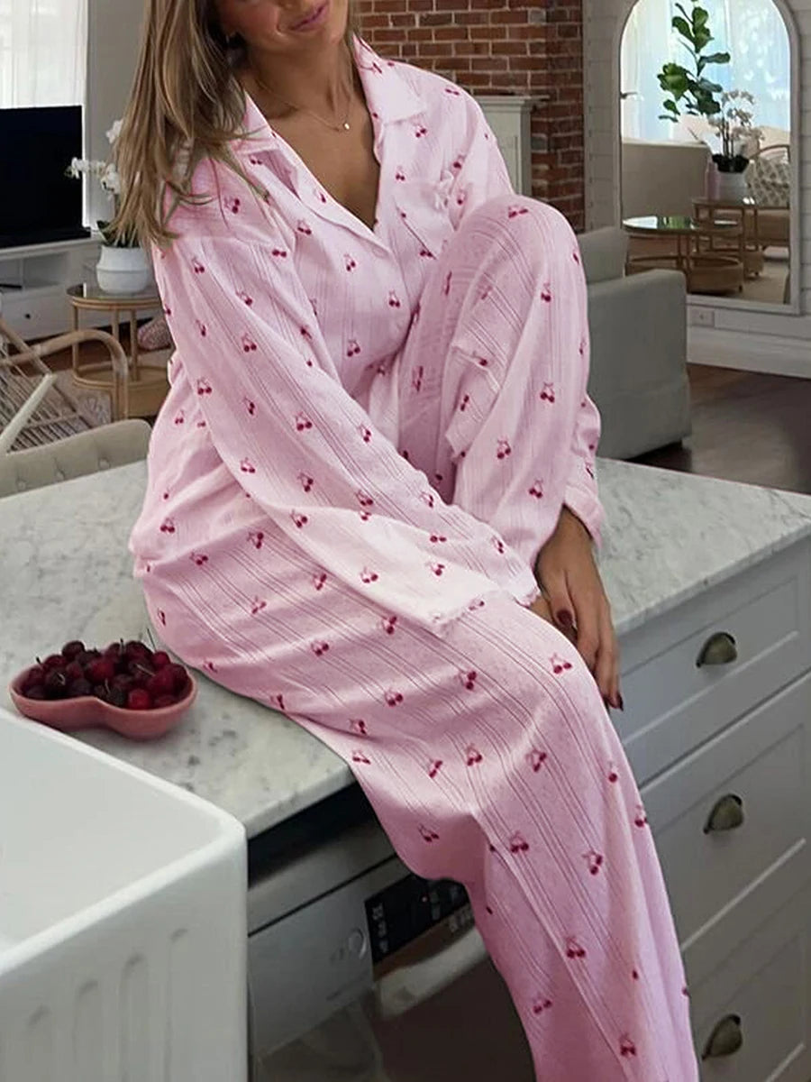 Pajamas - Women's Cherry Print Long Sleeve Pajamas Shirt and Pants Sleepwear