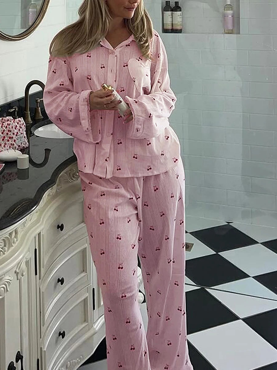 Pajamas - Women's Cherry Print Long Sleeve Pajamas Shirt and Pants Sleepwear