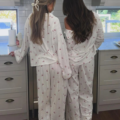 Pajamas - Women's Cherry Print Long Sleeve Pajamas Shirt and Pants Sleepwear