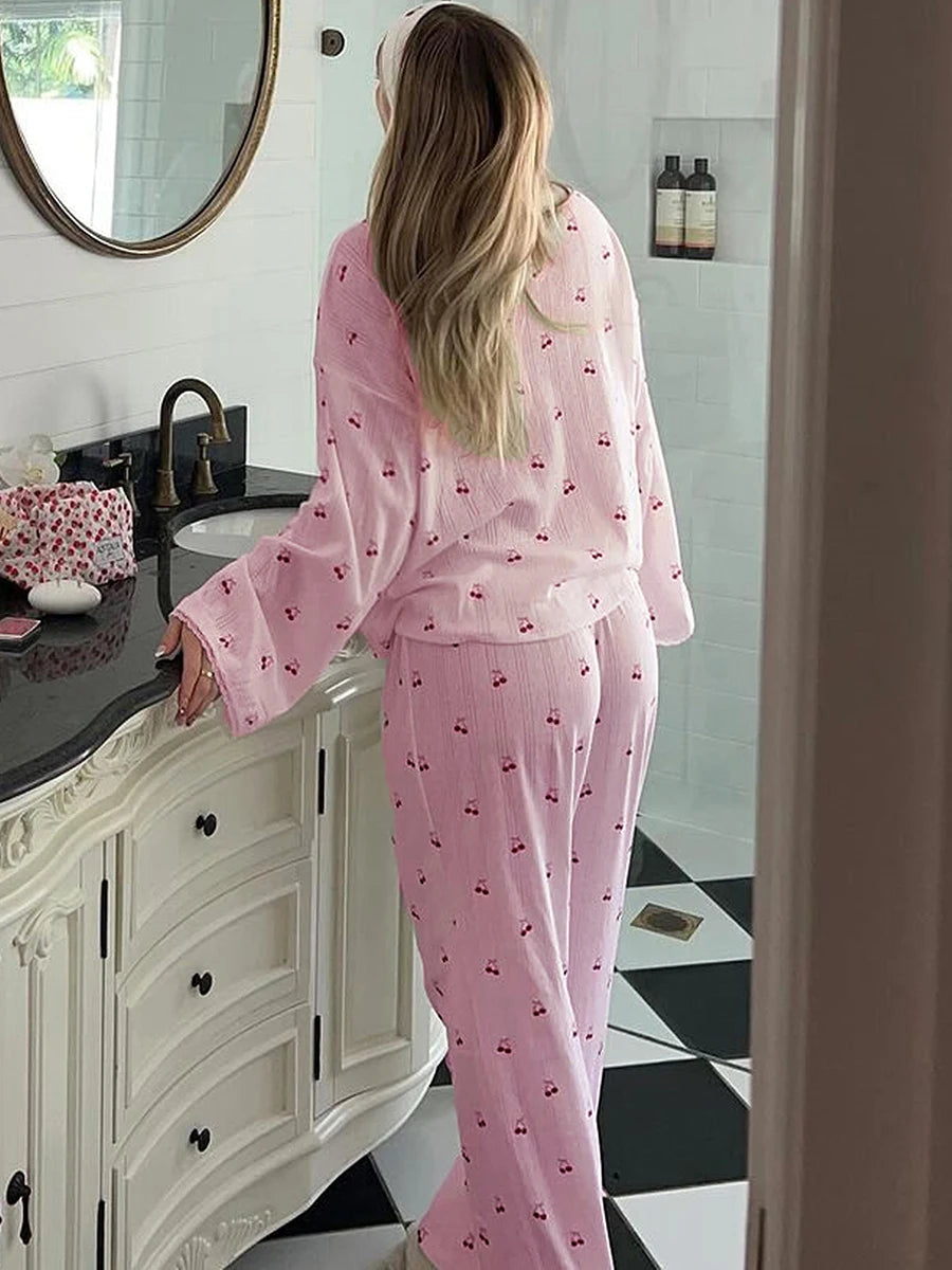 Pajamas - Women's Cherry Print Long Sleeve Pajamas Shirt and Pants Sleepwear