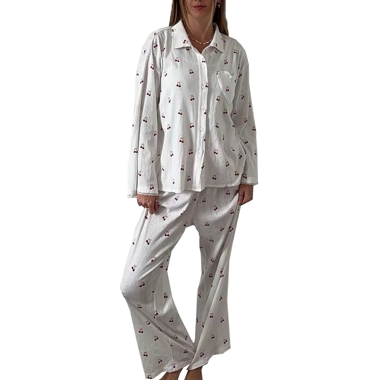 Pajamas - Women's Cherry Print Long Sleeve Pajamas Shirt and Pants Sleepwear