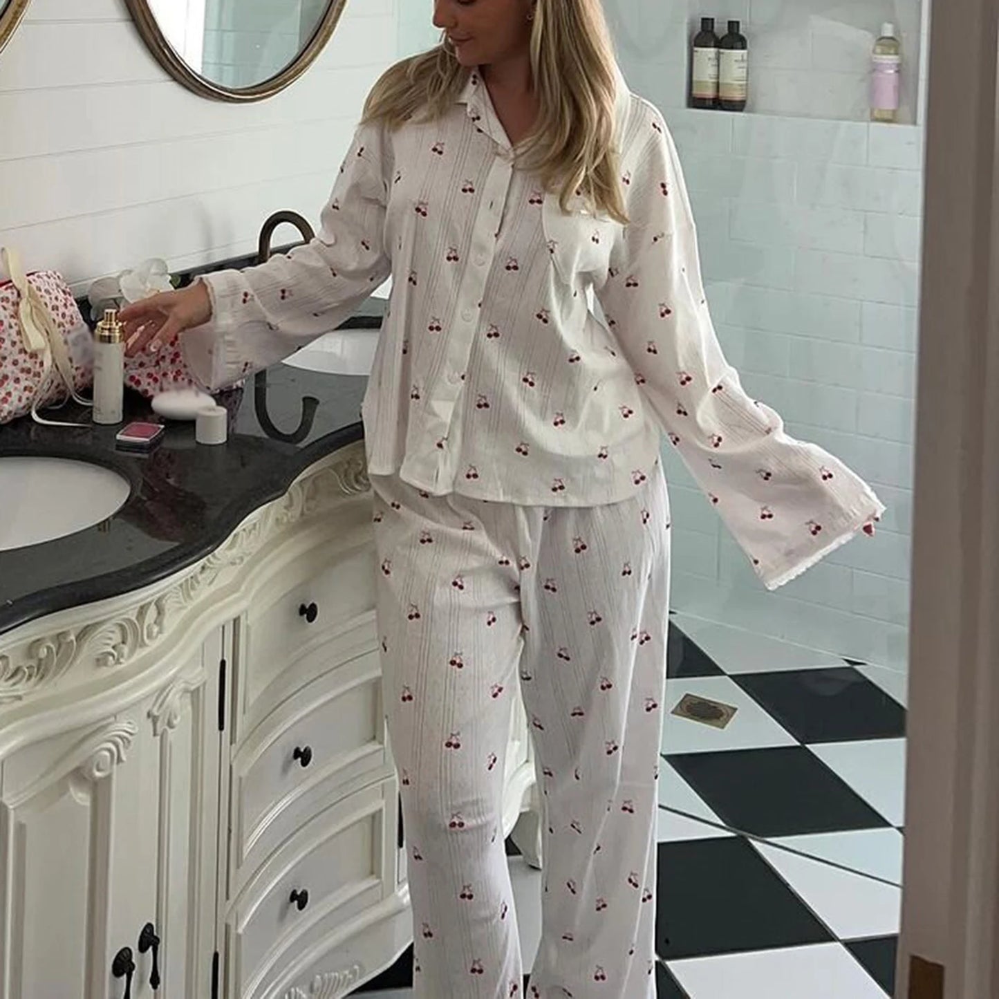 Pajamas - Women's Cherry Print Long Sleeve Pajamas Shirt and Pants Sleepwear