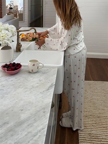 Pajamas - Women's Cherry Print Long Sleeve Pajamas Shirt and Pants Sleepwear