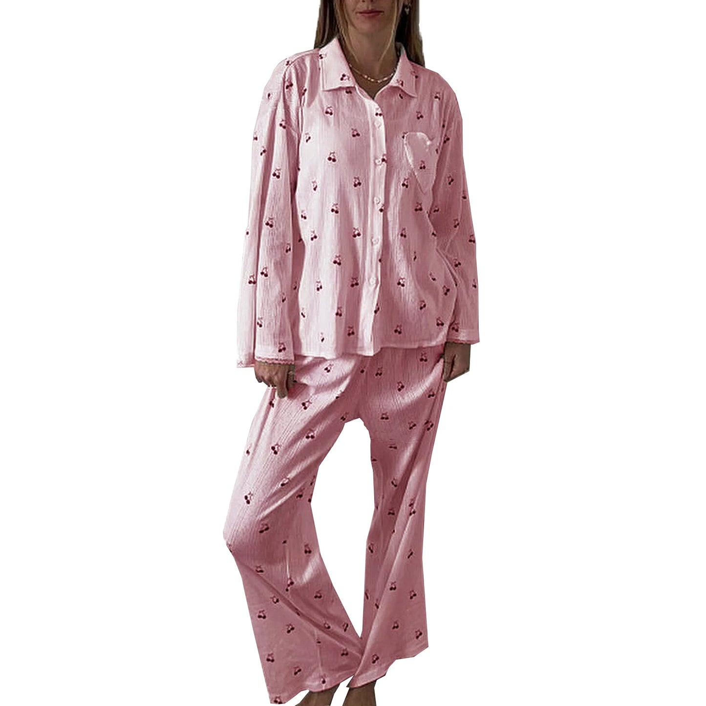 Pajamas - Women's Cherry Print Long Sleeve Pajamas Shirt and Pants Sleepwear