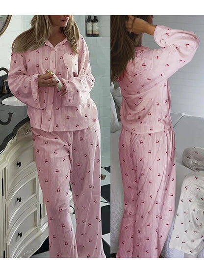 Pajamas - Women's Cherry Print Long Sleeve Pajamas Shirt and Pants Sleepwear