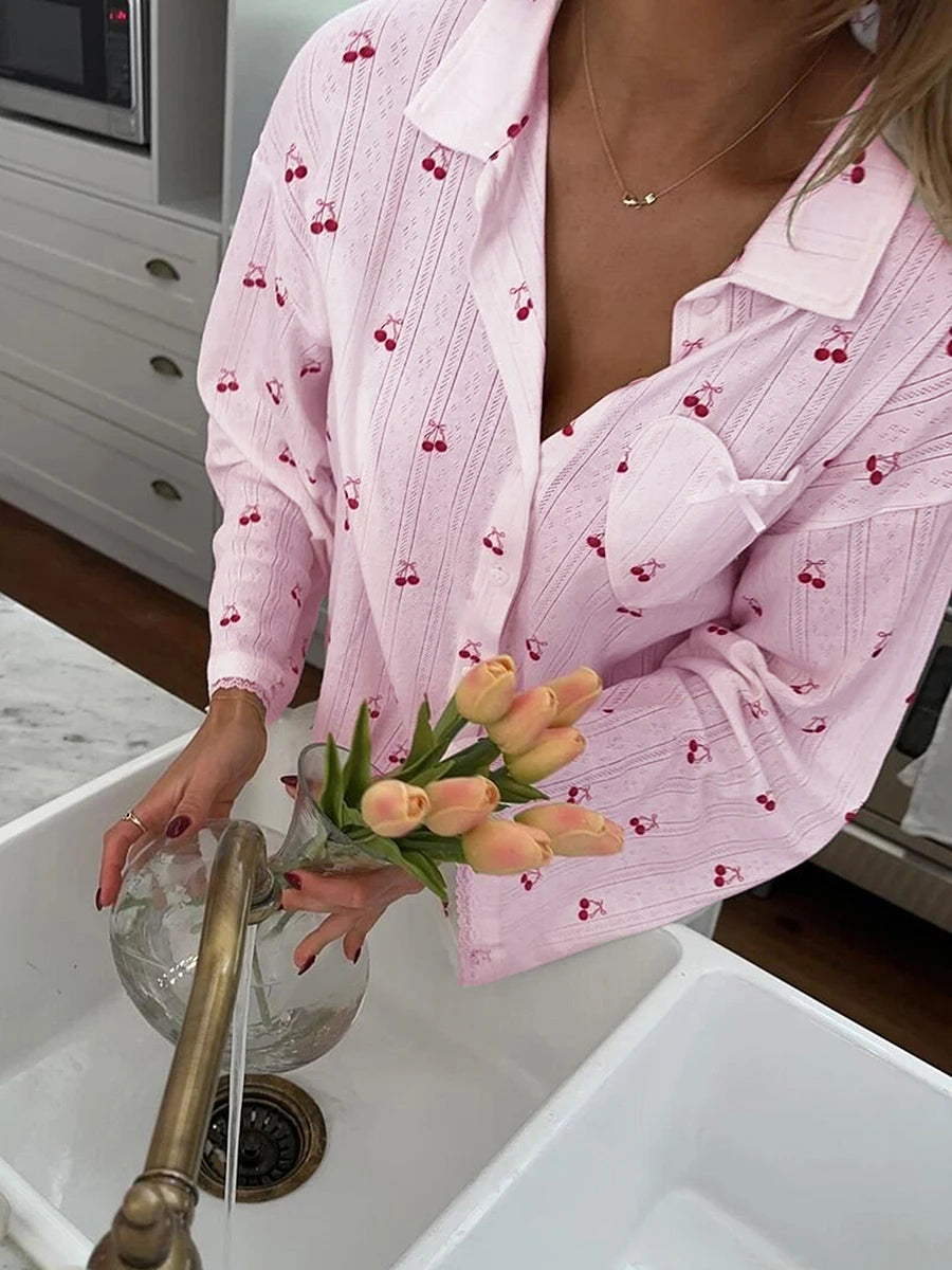 Pajamas - Women's Cherry Print Long Sleeve Pajamas Shirt and Pants Sleepwear