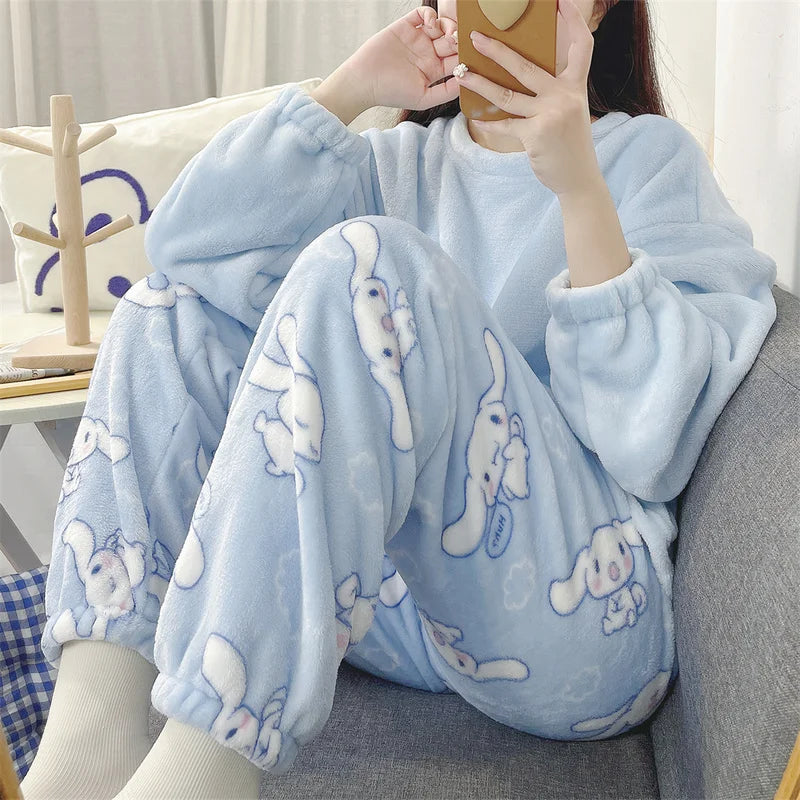 Pajamas - Women's Cozy Fleece Pajamas Velvet Cartoon Sleepwear