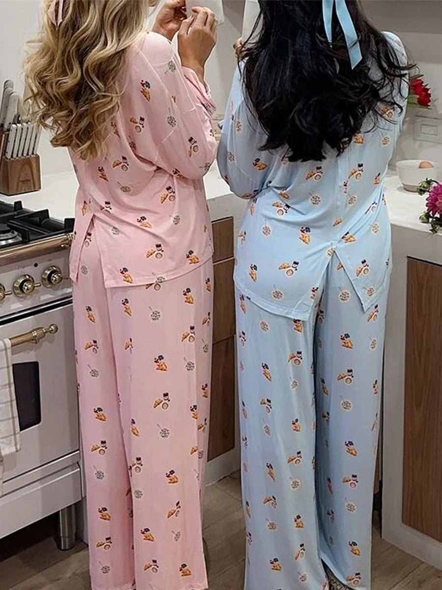 Pajamas - Women's Floral Long Sleeve Loose Pajamas Soft Sleepwear Set