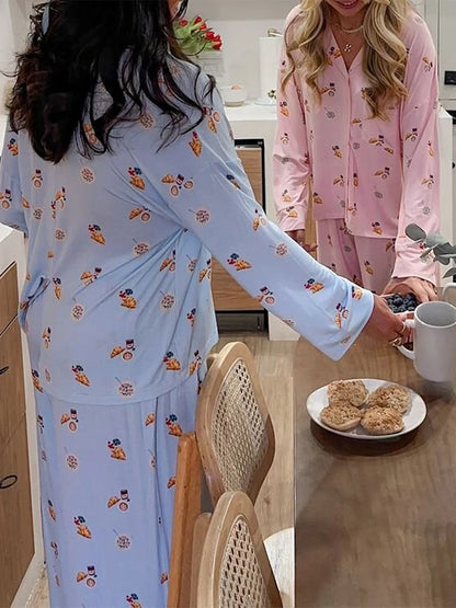 Pajamas - Women's Floral Long Sleeve Loose Pajamas Soft Sleepwear Set