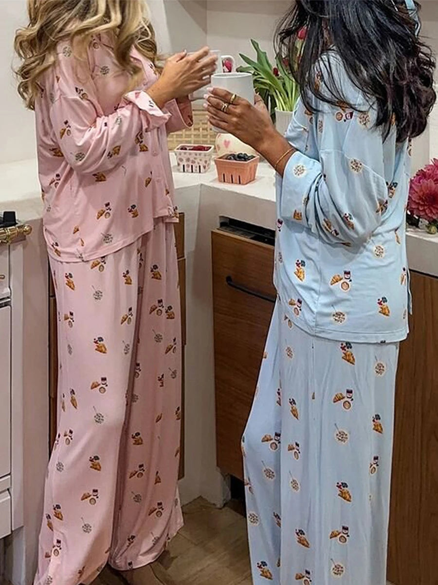 Pajamas - Women's Floral Long Sleeve Loose Pajamas Soft Sleepwear Set