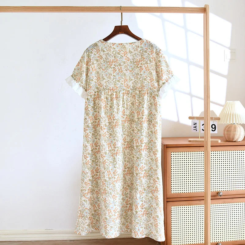 Pajamas - Women's Floral Sleepwear Dress in Pure Eco-friendly Cotton