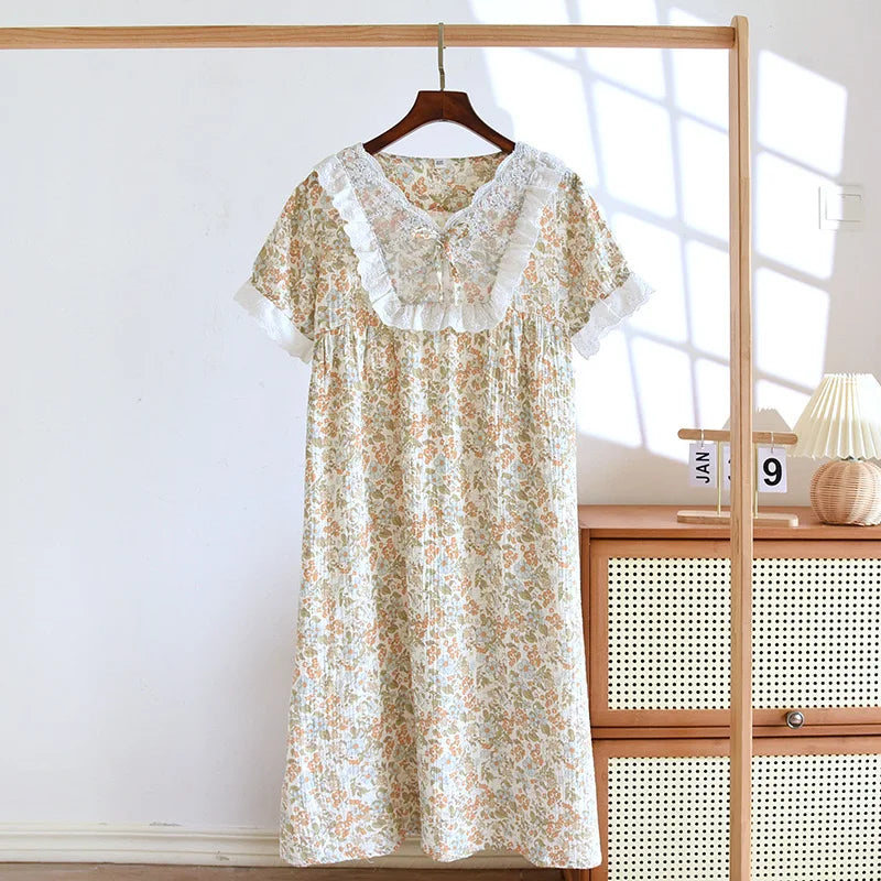 Pajamas - Women's Floral Sleepwear Dress in Pure Eco-friendly Cotton