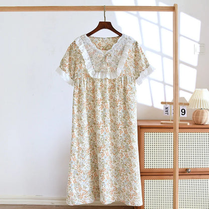 Pajamas - Women's Floral Sleepwear Dress in Pure Eco-friendly Cotton