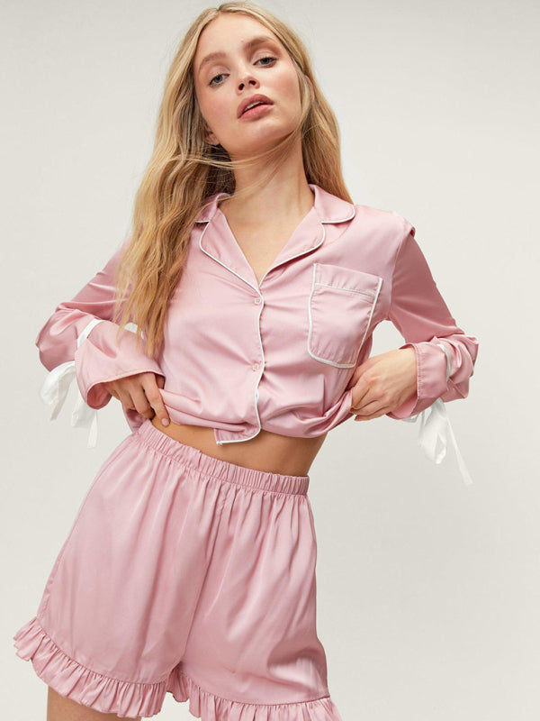 Ensemble pyjama à nœud assorti pour femmes - chemise à manches longues et short décontracté