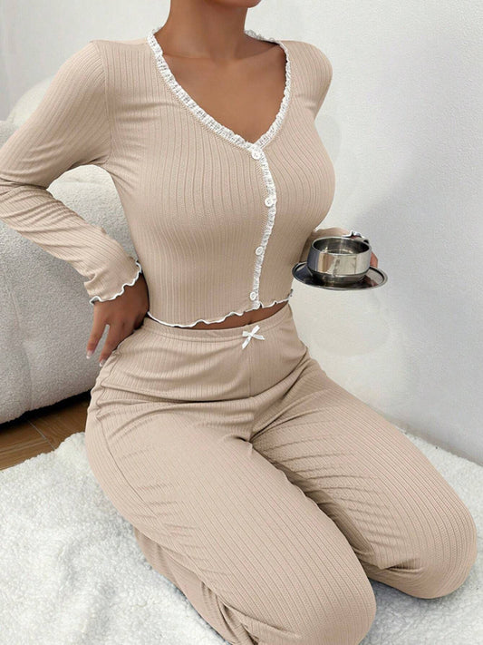 Pajamas - Women's Pajama Set with Lace Accents for Lounging