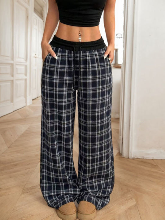 Pants - Casual Lounge Wide-Leg Pants in Plaid for Women