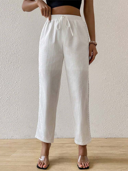 Pants- Comfy Boho Linen Pants with Geometric Trims- - Chuzko Women Clothing