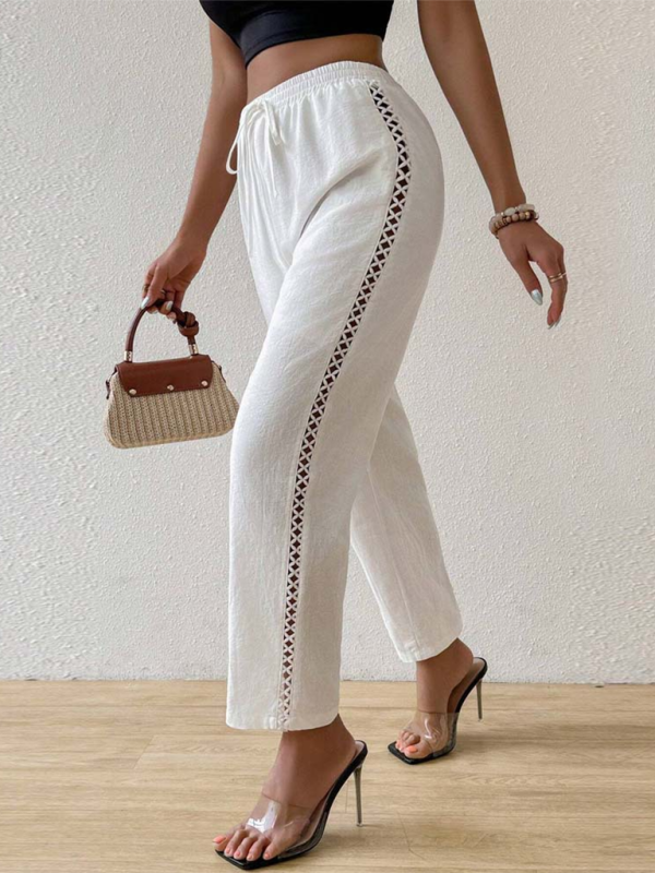 Pants- Comfy Boho Linen Pants with Geometric Trims- - Chuzko Women Clothing