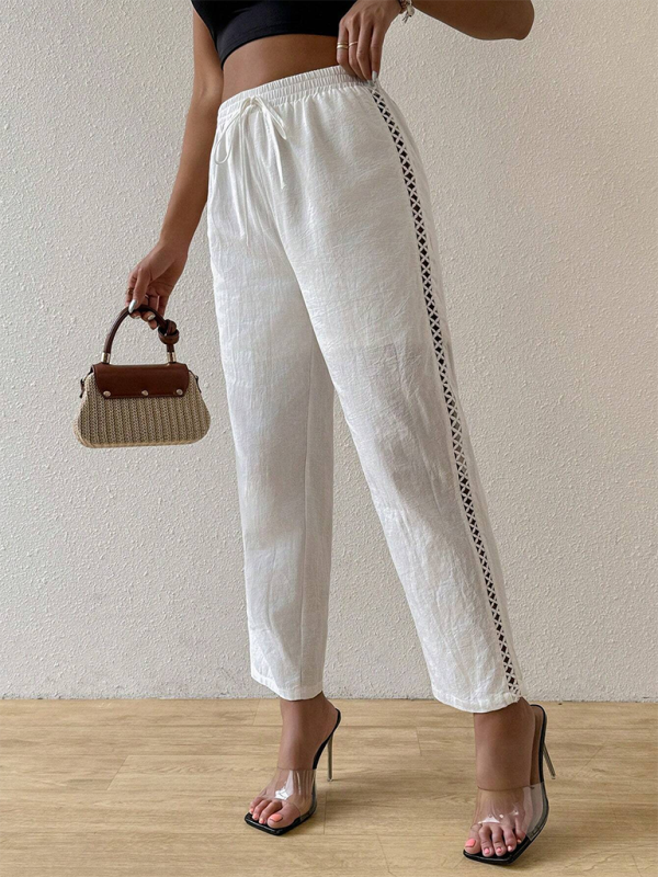 Pants- Comfy Boho Linen Pants with Geometric Trims- - Chuzko Women Clothing