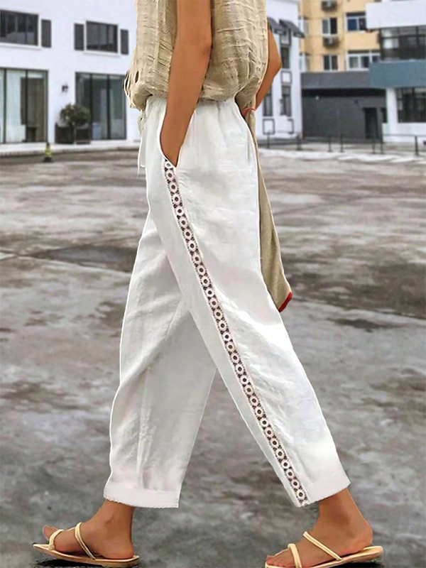 Pants- Comfy Boho Linen Pants with Geometric Trims- - Chuzko Women Clothing